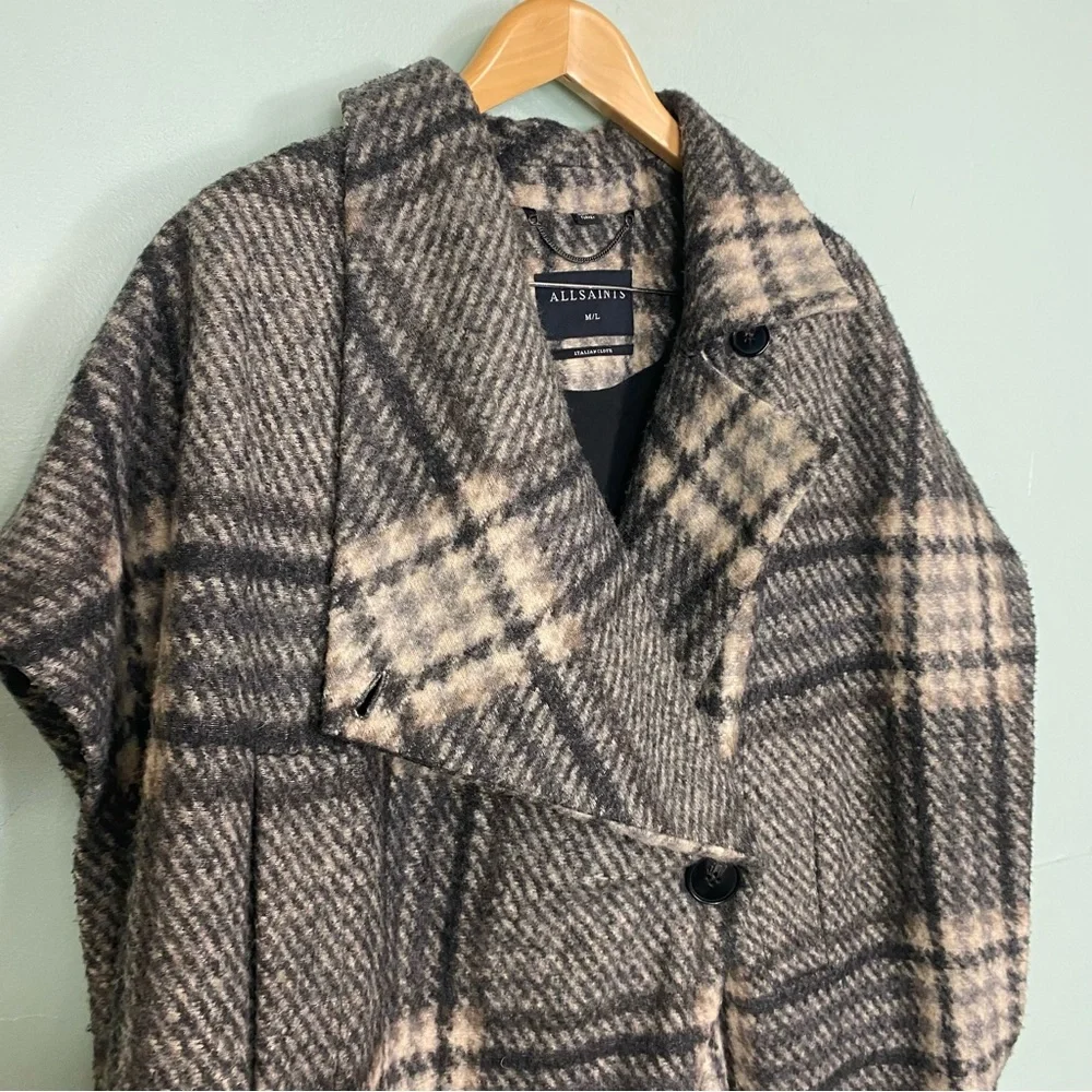 All Saints Wrenley Wool Blend Check Plaid Cape Vest Black Cream M & L Chunky‎ - Picture 5 of 8